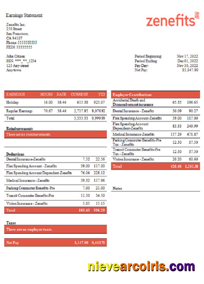 USA Zenefits technology company pay stub